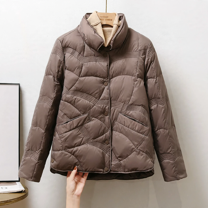 Short women's down jacket with stand-up collar