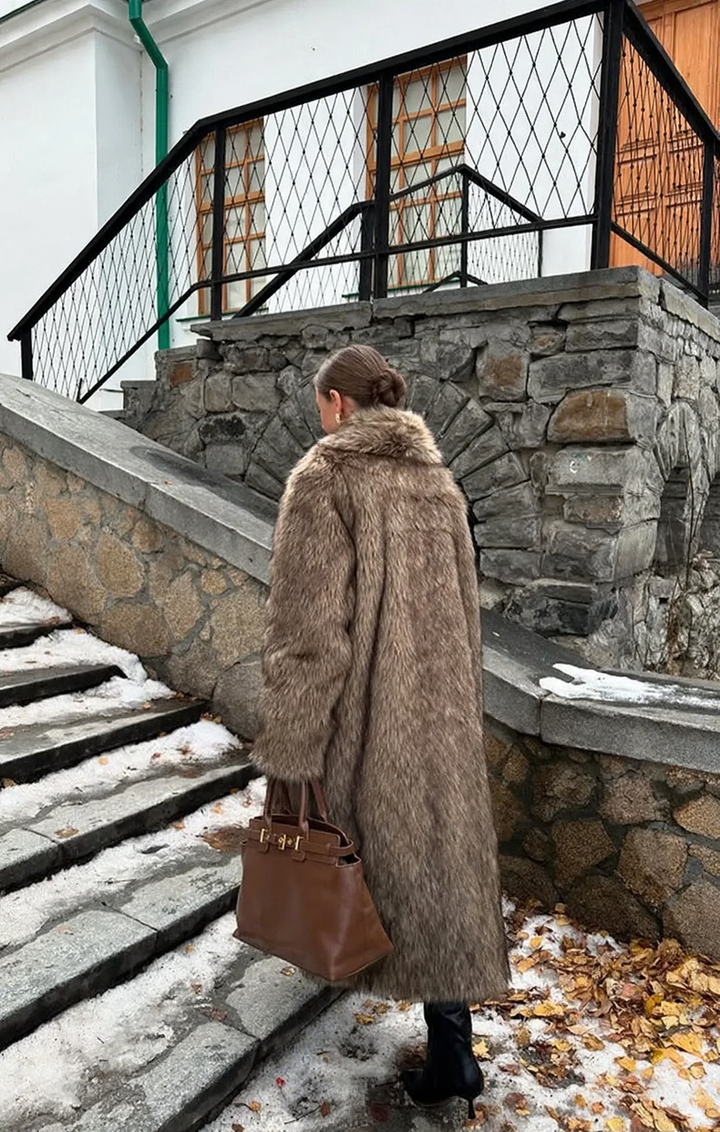 Long Vintage Coat in Faux Fur Look