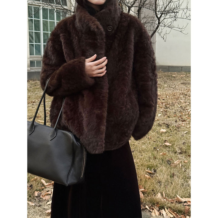 Women's faux fur jacket with standing collar, lined, model 52003