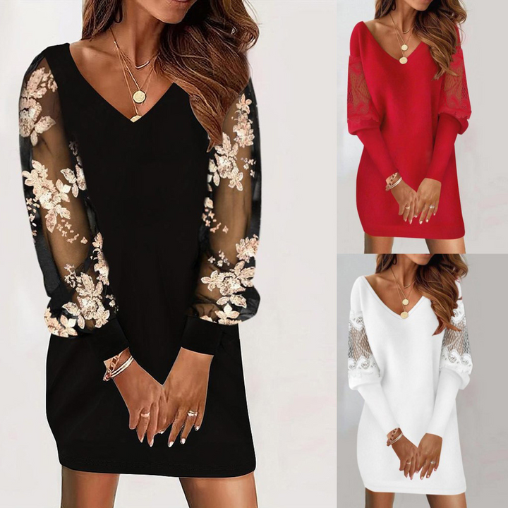 Mune | Black flower dress with mesh sleeves