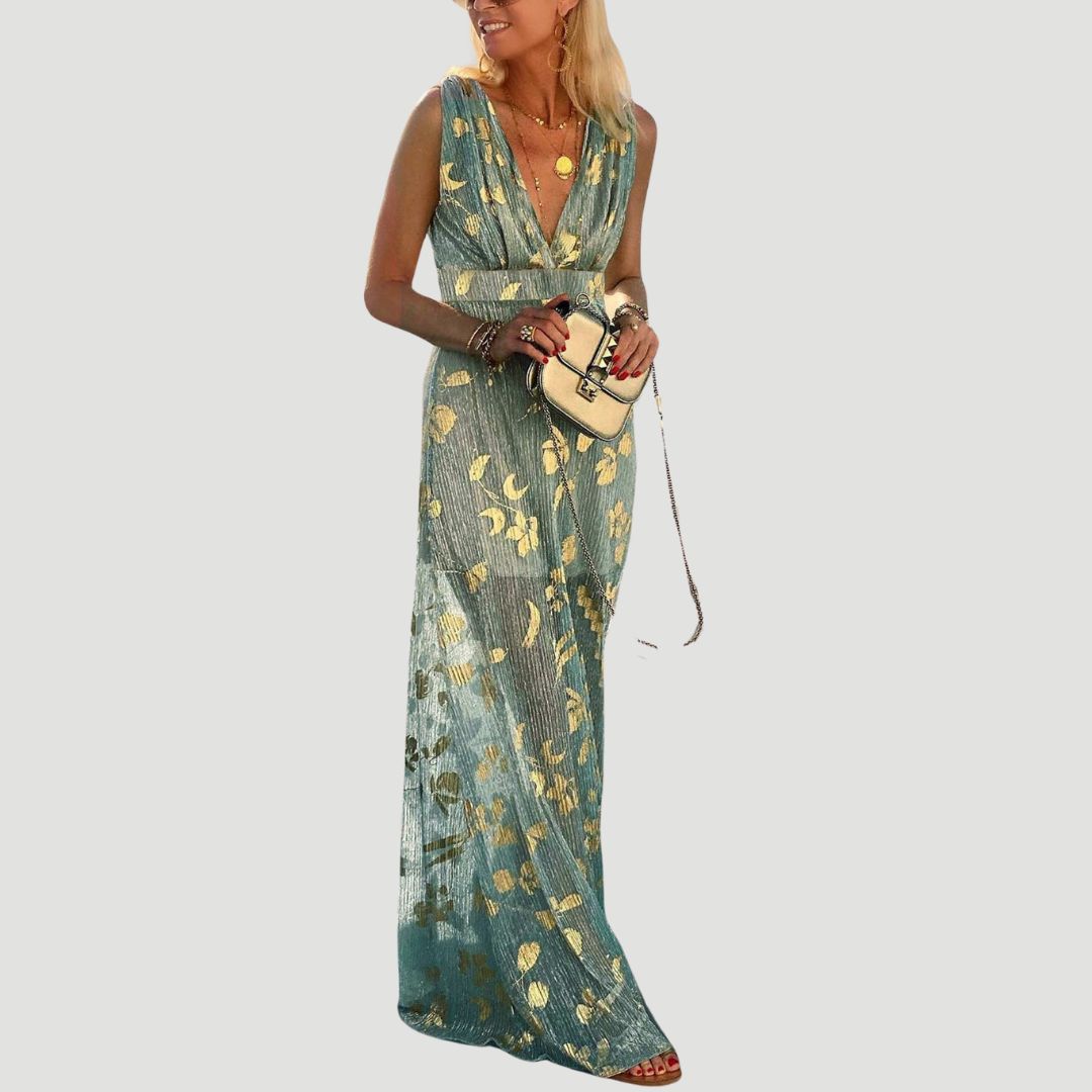 Flowing dress with V-neck and sequin embellishment
