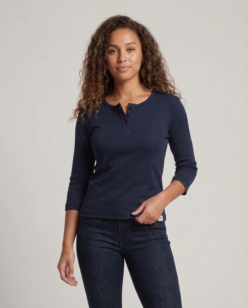 Women's Ribbed Henley Cropped Shirt with Three-Quarter Sleeves Mune Fashion
