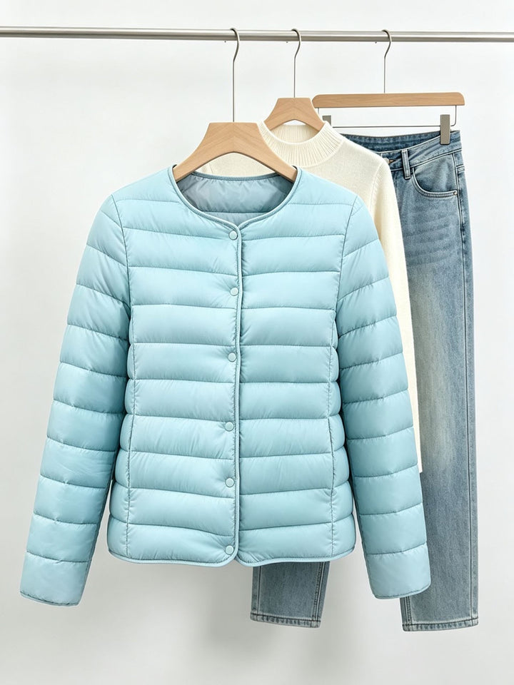 Lightweight, short women's padded jacket without collar