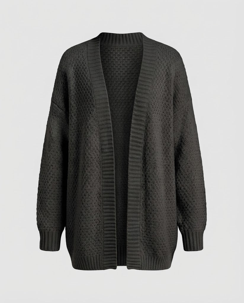 Women Oversized Knit Cardigan with Boucle Look, Open Front and Ribbed Cuffs Mune Fashion
