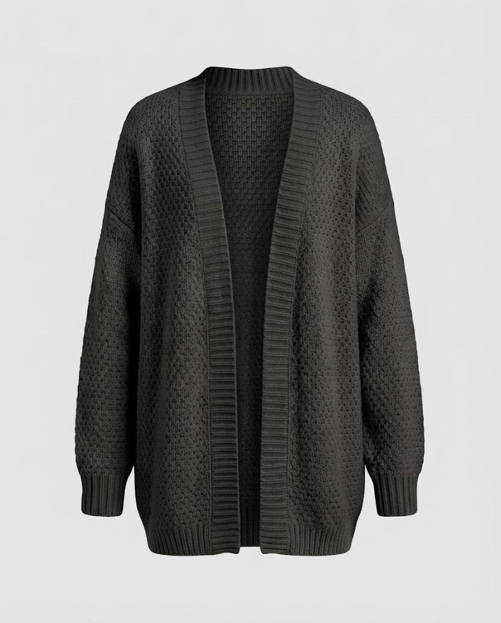 Women Oversized Knit Cardigan with Boucle Look, Open Front and Ribbed Cuffs Mune Fashion