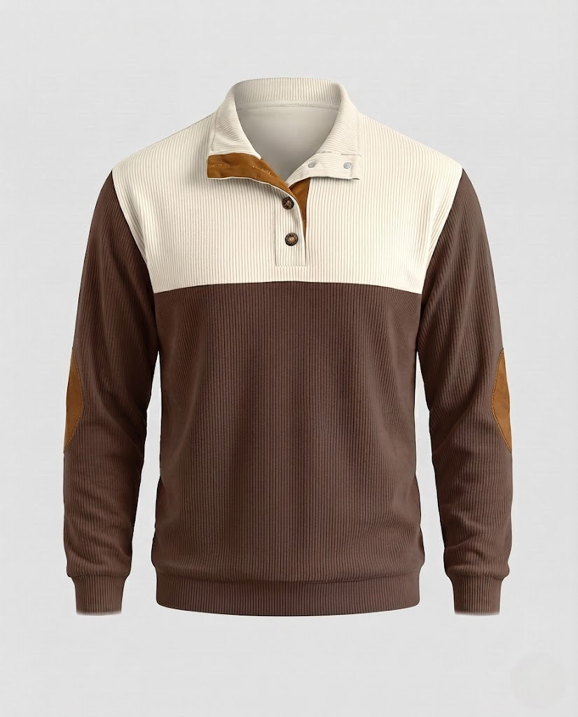 Men's ribbed Henley sweater with contrasting shoulder area and elbow patches Mune Fashion