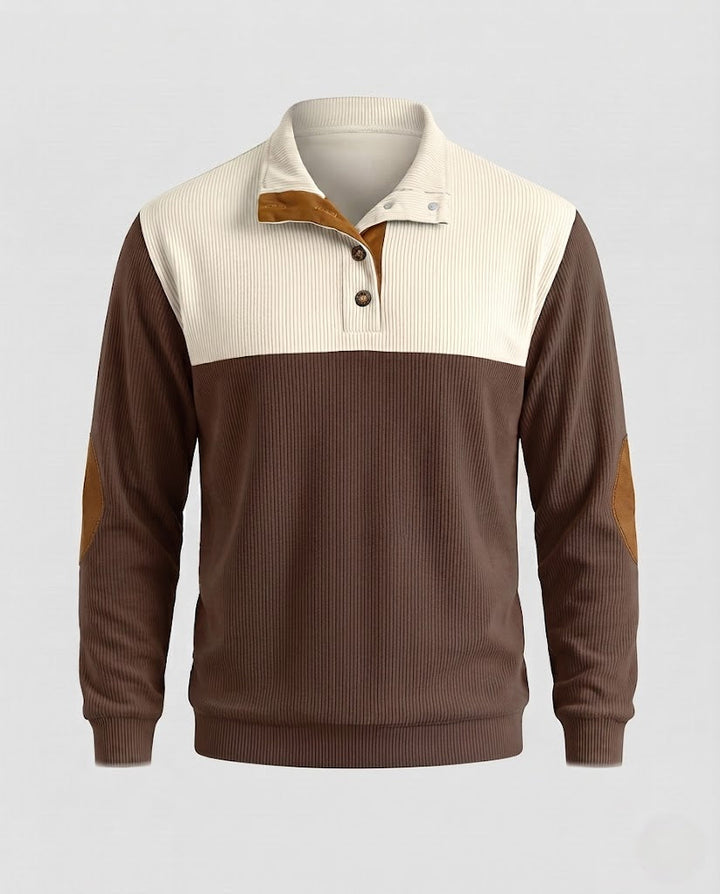 Men's ribbed Henley sweater with contrasting shoulder area and elbow patches Mune Fashion