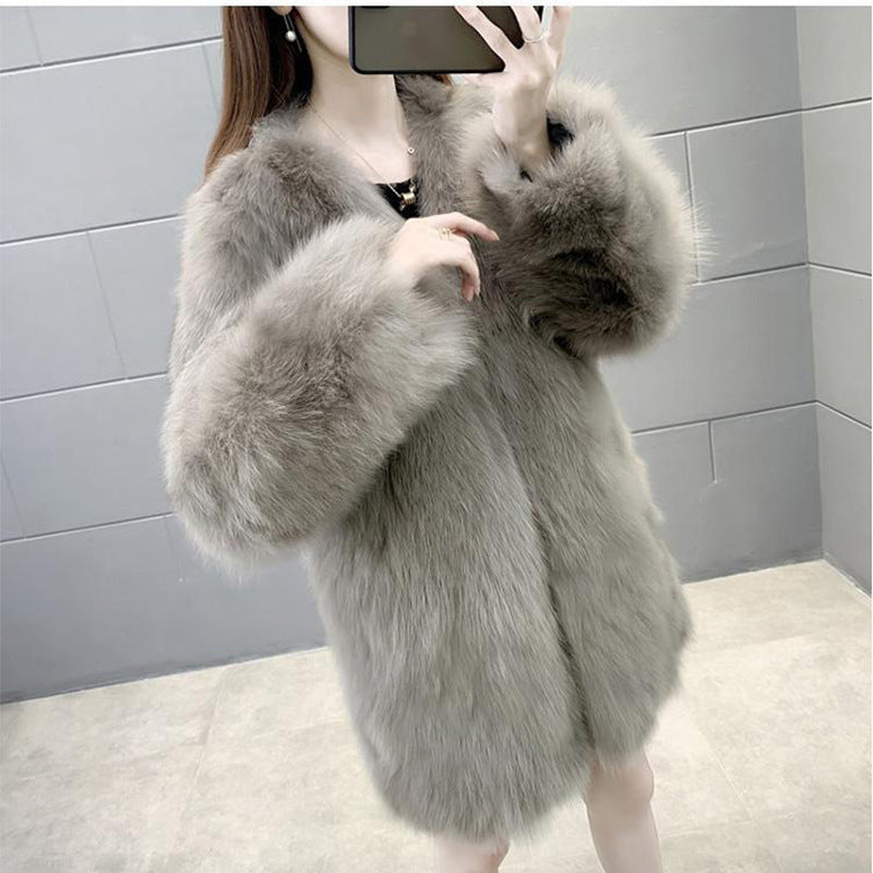 Women's Faux Fur Coat, Mid-Length, V-Neck