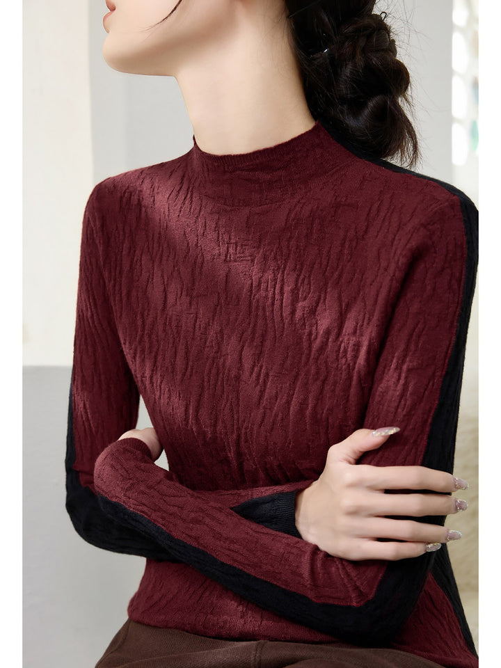 Women's knitted pullover with texture, standing collar, reversible