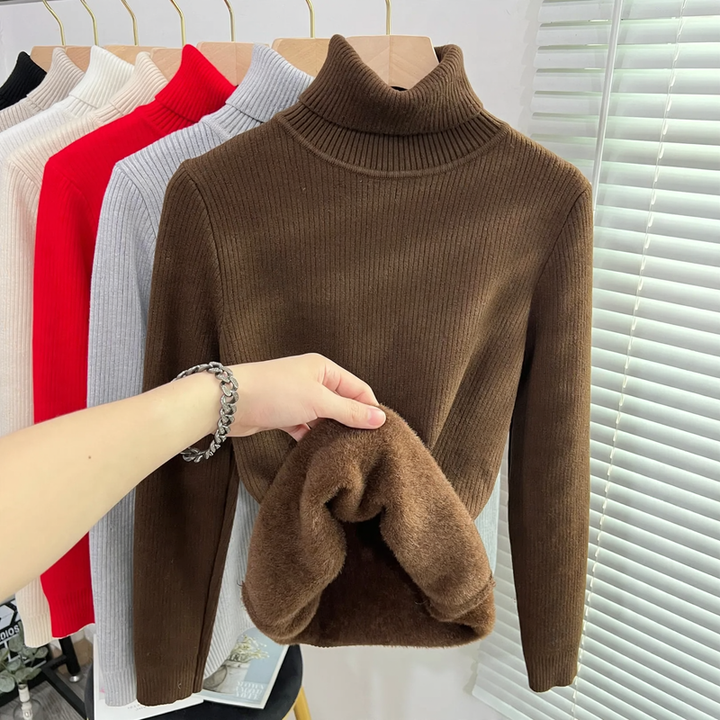 Ribbed women's turtleneck sweater, lined