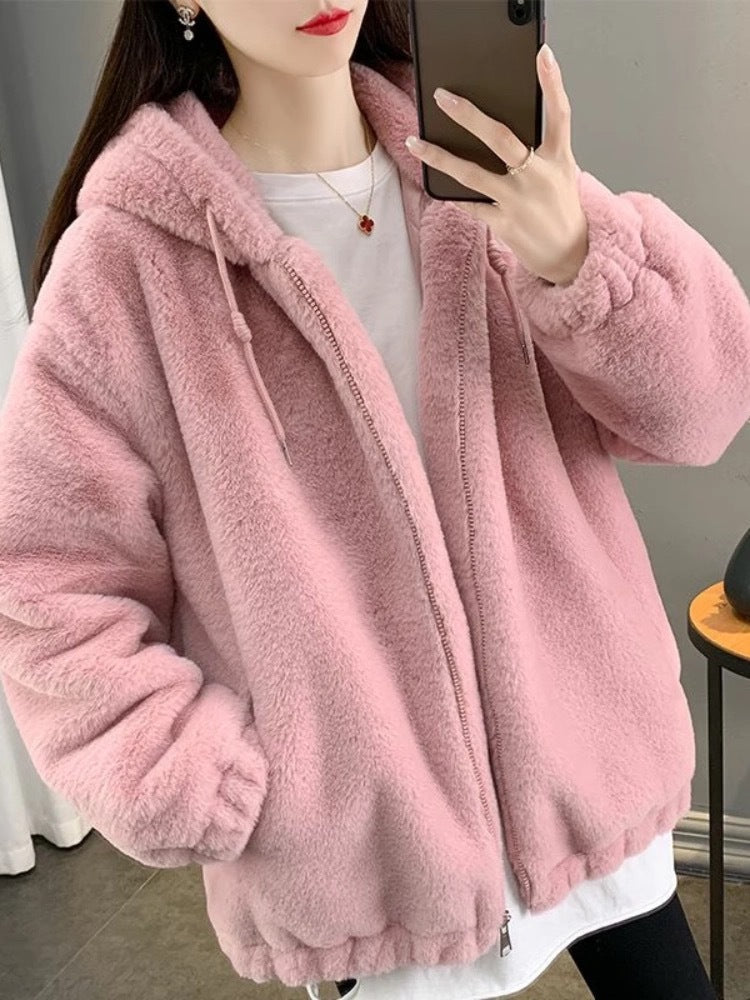 Padded hoodie coat made of lamb fleece
