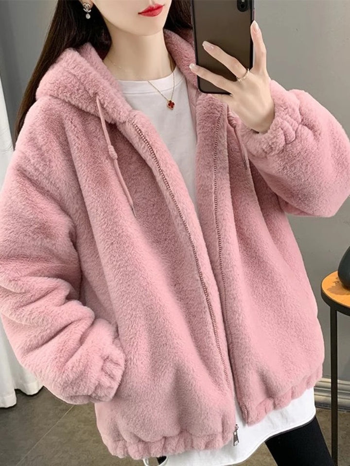 Padded hoodie coat made of lamb fleece