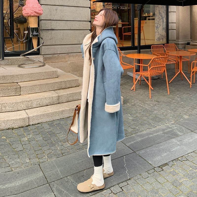 Lamb fleece coat, suede look, padded
