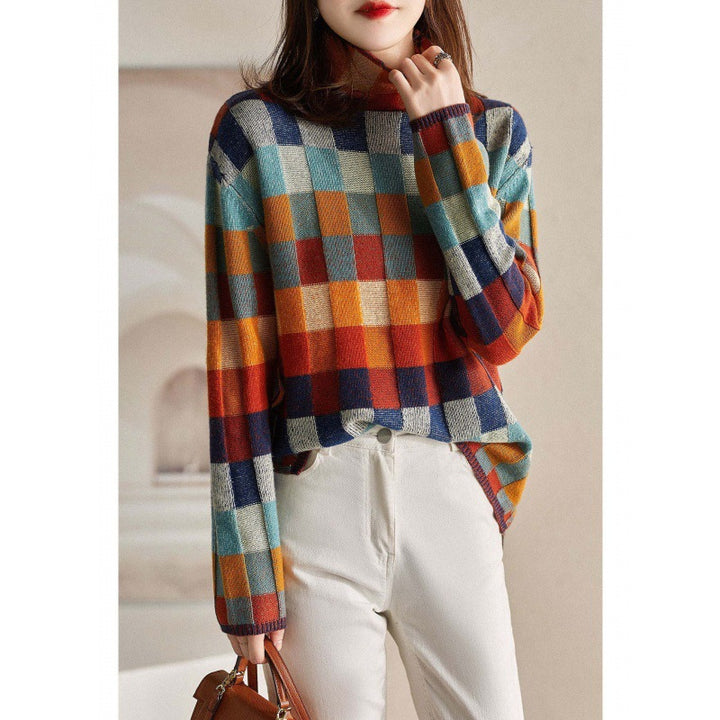 Women's knitted sweater, chessboard pattern, turtleneck