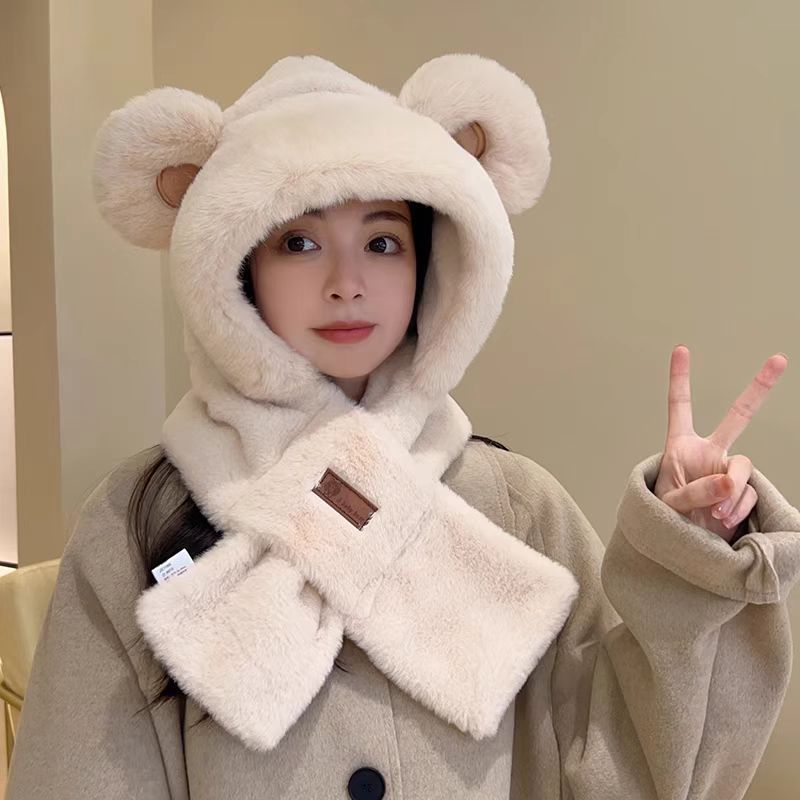 Plush hooded scarf with bear design, lined