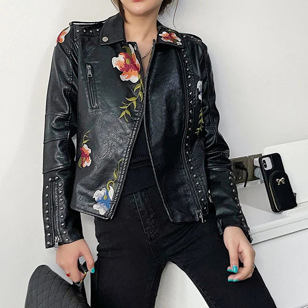 Mune | Women's leather jacket with stud accent and floral pattern