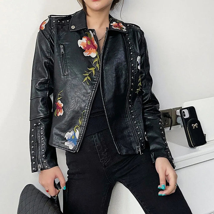 Mune | Women's leather jacket with stud accent and floral pattern