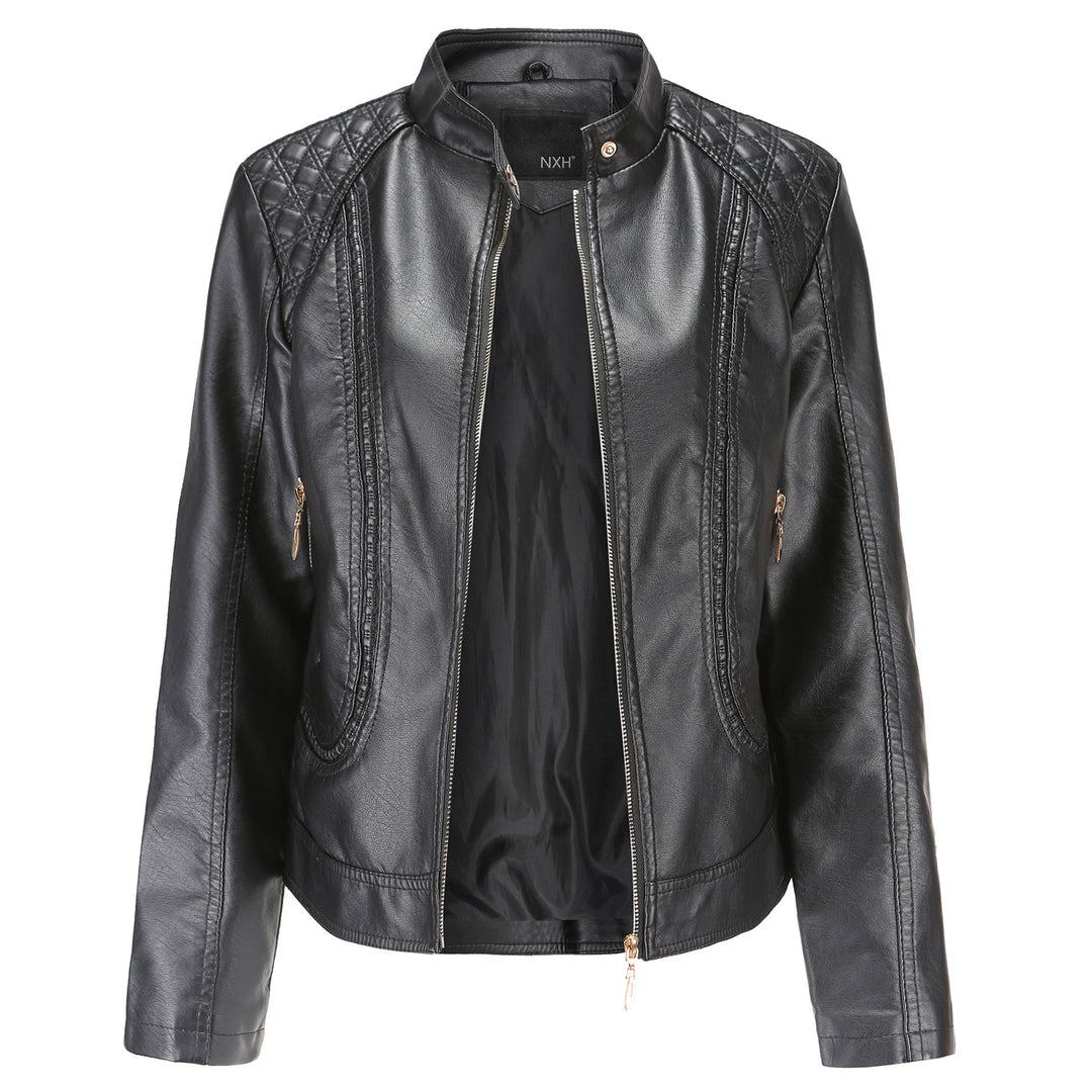 Women tailored faux leather biker jacket with stand-up collar and quilted shoulder section Mune Fashion
