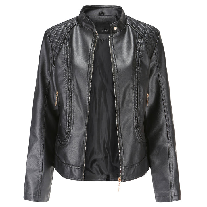 Women tailored faux leather biker jacket with stand-up collar and quilted shoulder section Mune Fashion
