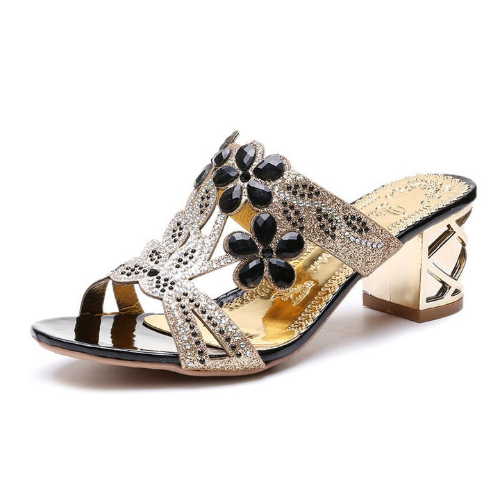 Women's nan embellished strappy sandals with mid-high geometric block heel and crystal flowers Mune Fashion