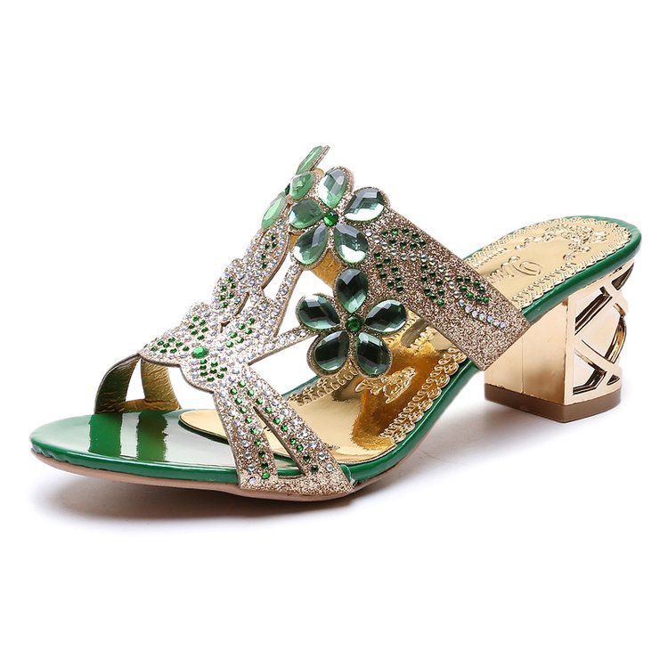 Women's nan embellished strappy sandals with mid-high geometric block heel and crystal flowers Mune Fashion