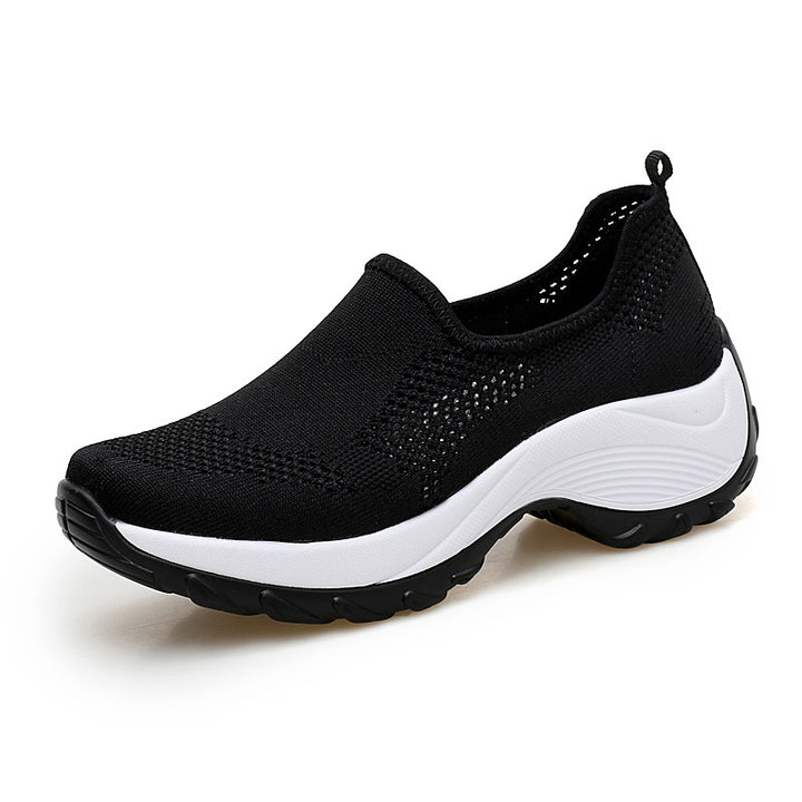 Ladies knitted slip-on walking shoe with hidden wedge sole and dual-layer cushioning Mune Fashion