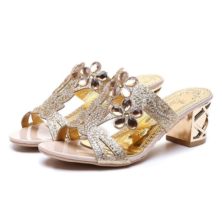 Women's nan embellished strappy sandals with mid-high geometric block heel and crystal flowers Mune Fashion