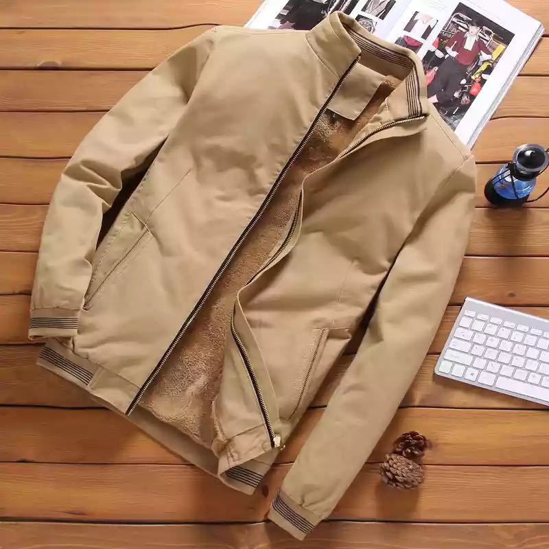 Men's casual bomber jacket with warming teddy lining, stand collar and ribbed cuffs