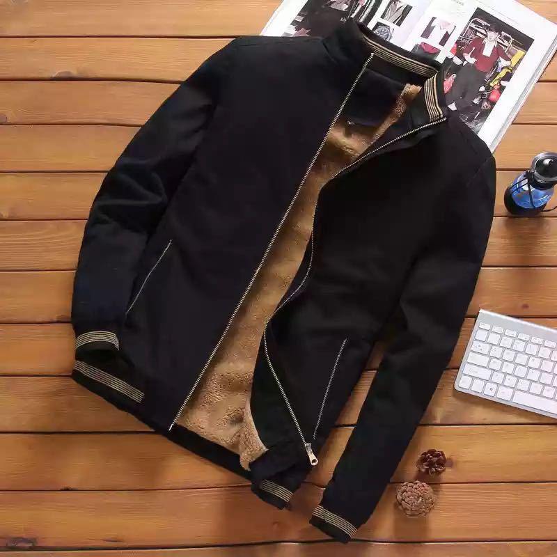 Men's casual bomber jacket with warming teddy lining, stand collar and ribbed cuffs