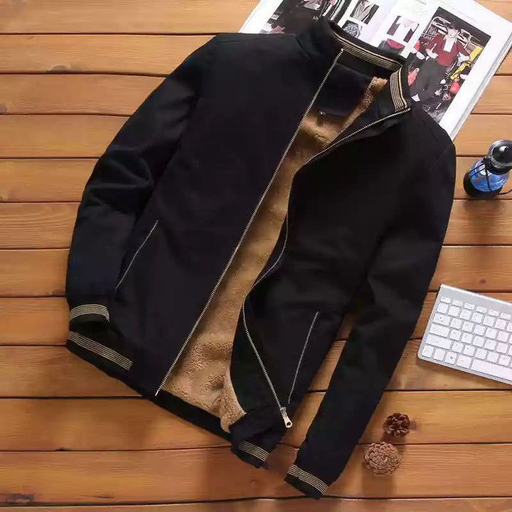 Men's casual bomber jacket with warming teddy lining, stand collar and ribbed cuffs