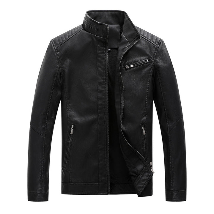 Men's Slim-Fit Faux Leather Biker Jacket with Stand-Up Collar and Zipper Pockets Mune Fashion