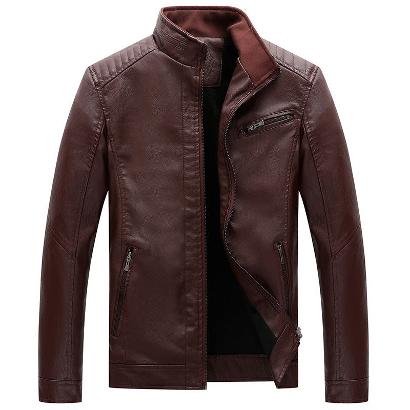 Men's Slim-Fit Faux Leather Biker Jacket with Stand-Up Collar and Zipper Pockets Mune Fashion
