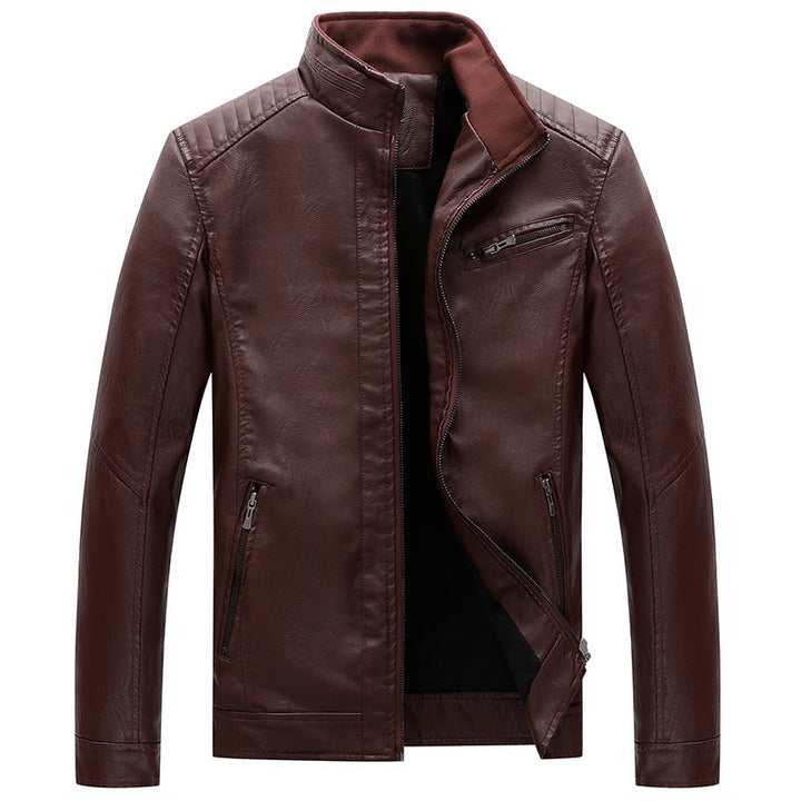 Men's Slim-Fit Faux Leather Biker Jacket with Stand-Up Collar and Zipper Pockets Mune Fashion