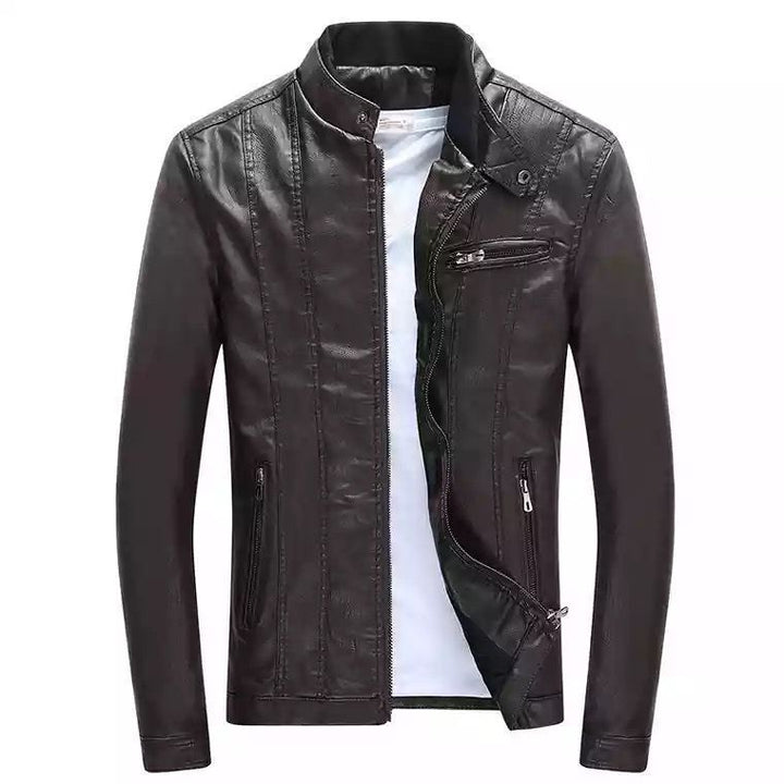Men's Modern Slim-Fit Leather Look Blouson with Stand-Up Collar and Chest Zip Pocket Mune Fashion