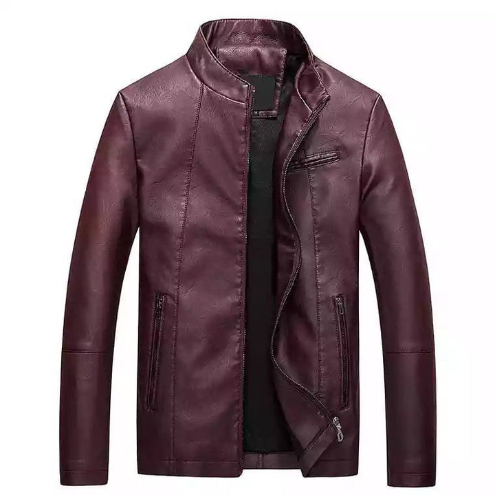 Men's Slim-Fit Faux Leather Biker Jacket with Stand Collar and Zipper Mune Fashion