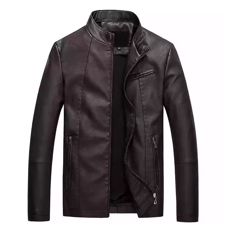 Men's Slim-Fit Faux Leather Biker Jacket with Stand Collar and Zipper Mune Fashion
