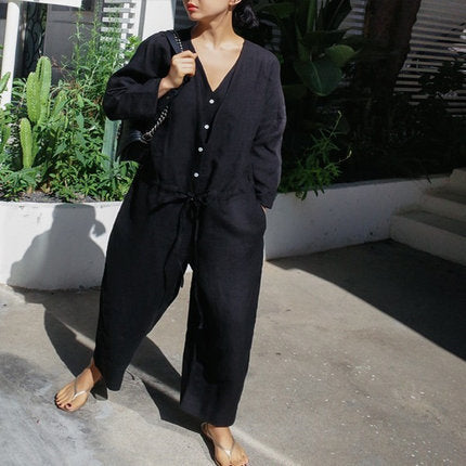 Women's Linen Jumpsuit with V-Neck and Tie Belt Mune Fashion