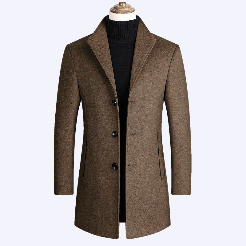 Men's Modern Single-Breasted Wool Blend Long Coat with Slim Fit and Minimalist Button Placket Mune Fashion