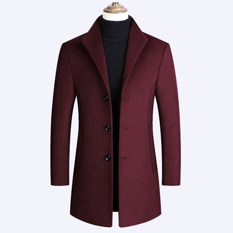 Men's Modern Single-Breasted Wool Blend Long Coat with Slim Fit and Minimalist Button Placket Mune Fashion