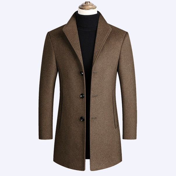 Men's Modern Single-Breasted Wool Blend Long Coat with Slim Fit and Minimalist Button Placket Mune Fashion
