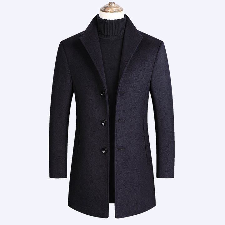 Men's Modern Single-Breasted Wool Blend Long Coat with Slim Fit and Minimalist Button Placket Mune Fashion