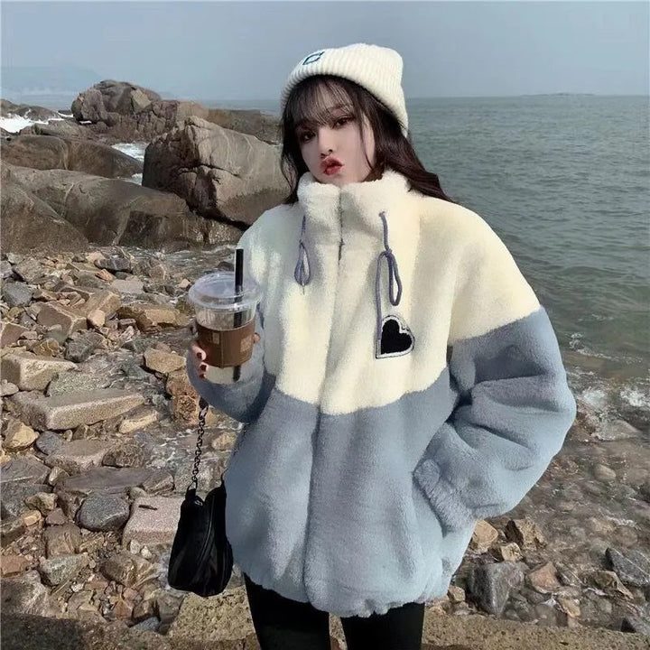 Lamb fleece jacket for women, loose fit, patchwork design