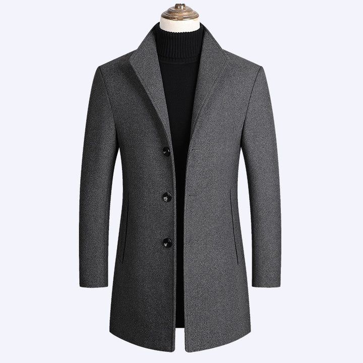 Men's Modern Single-Breasted Wool Blend Long Coat with Slim Fit and Minimalist Button Placket Mune Fashion