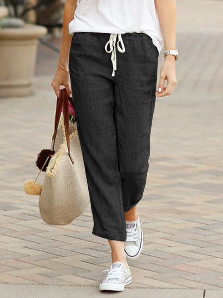Women's lightweight linen blend pants with drawstring, loose culotte cut and ankle-length hem Mune Fashion