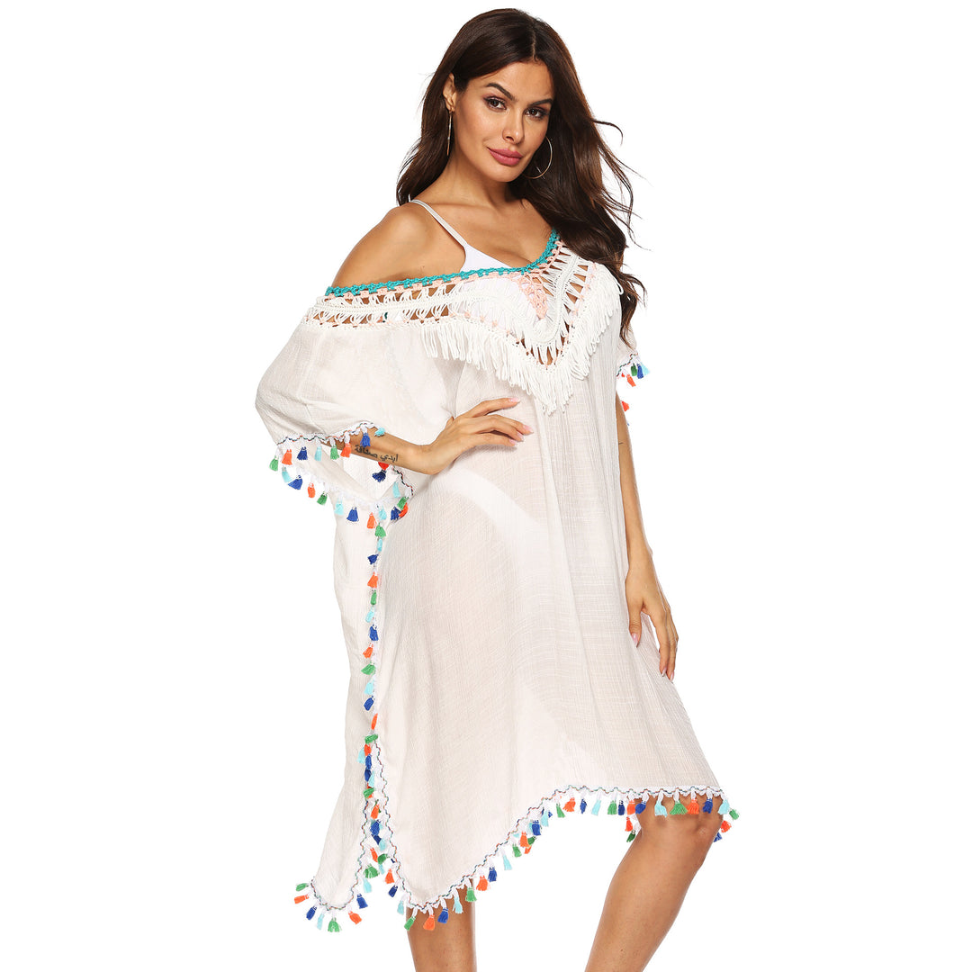 Women's beach kaftan with colorful tassel trim Mune Fashion