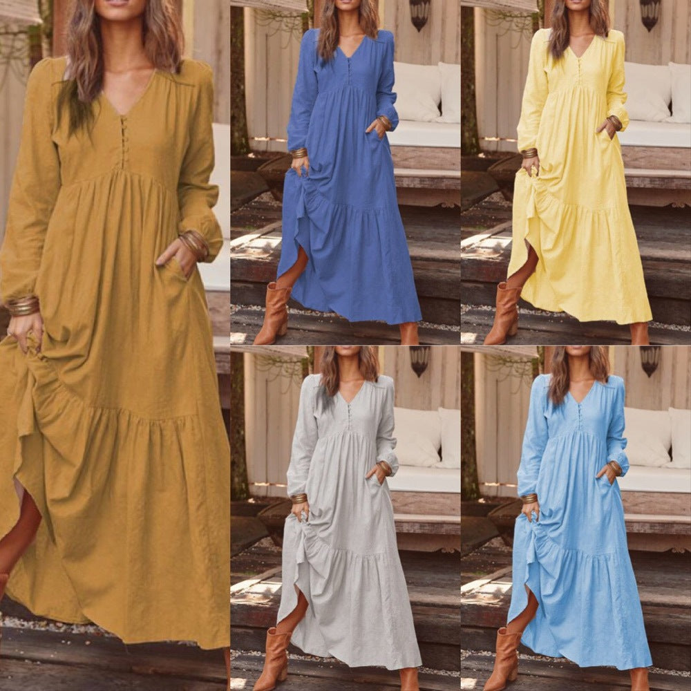 Women's airy maxi dress with V-neck, long sleeves, and side pockets Mune Fashion