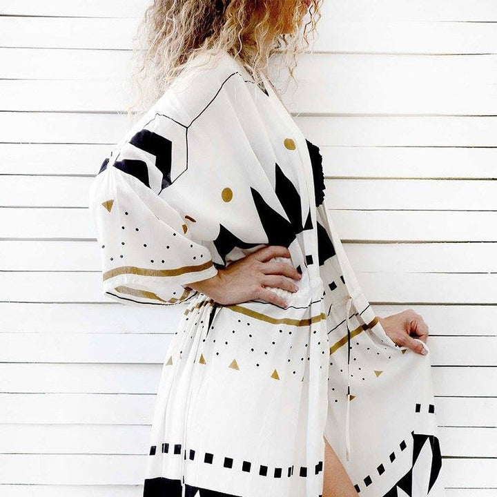 Women's Midi Dress Kaftan with V-Neck, Drawstring Waist Gathering & Graphic Print Mune Fashion