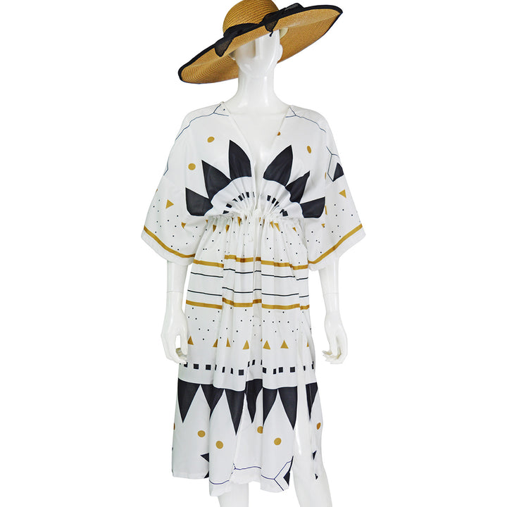 Women's Midi Dress Kaftan with V-Neck, Drawstring Waist Gathering & Graphic Print Mune Fashion