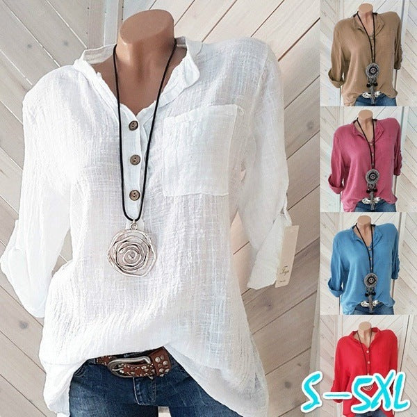 Women's lightweight crinkle tunic with half button placket, chest pocket, and roll-up sleeves Mune Fashion