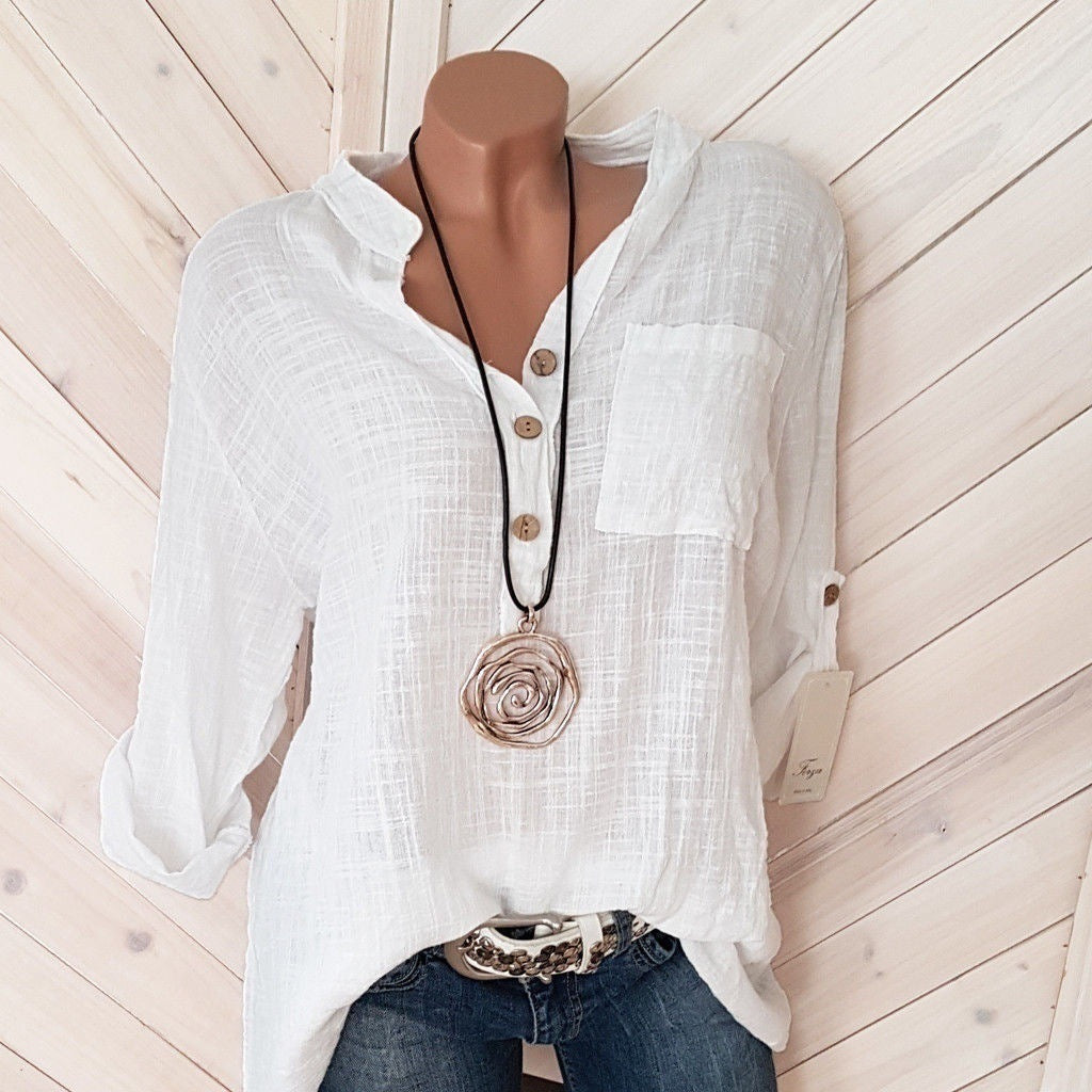 Women's lightweight crinkle tunic with half button placket, chest pocket, and roll-up sleeves Mune Fashion